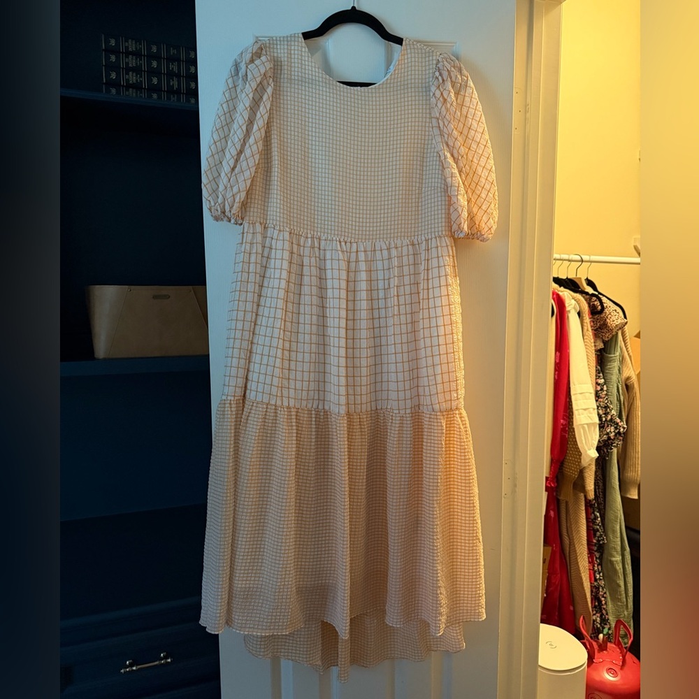 English factory orange and white plaid soft dress with tie on back